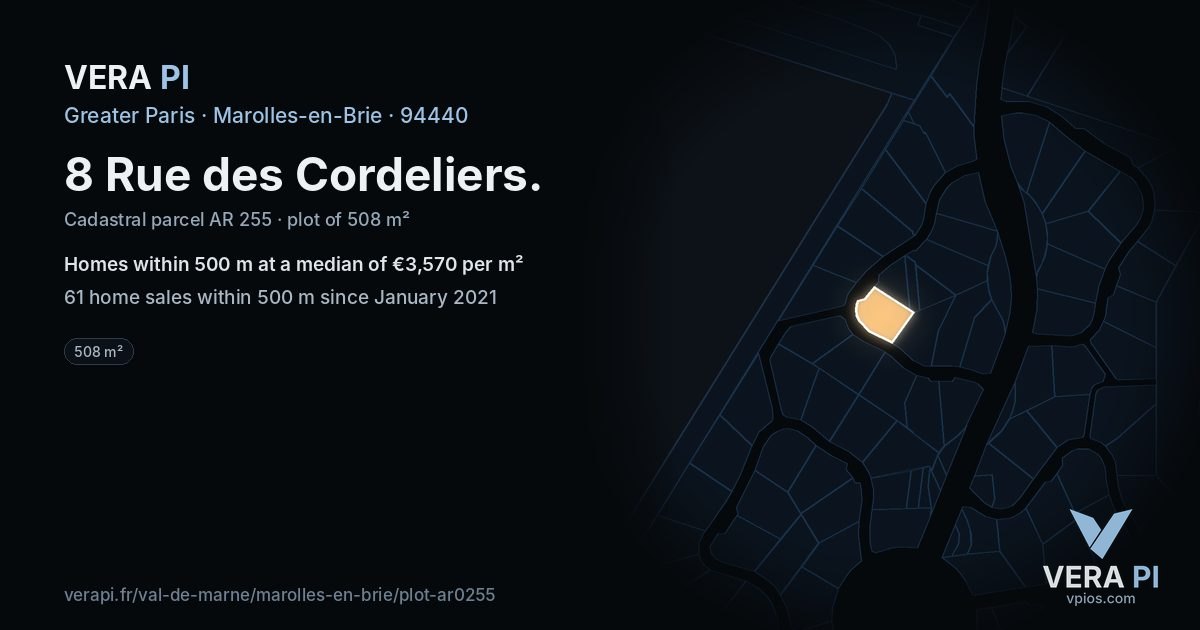 8 Rue des Cordeliers, Marolles-en-Brie at night – the plot lit, the parcels around coloured by the prices near them