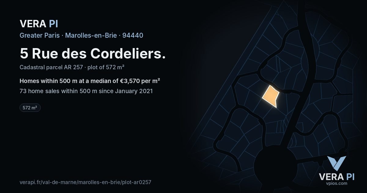 5 Rue des Cordeliers, Marolles-en-Brie at night – the plot lit, the parcels around coloured by the prices near them