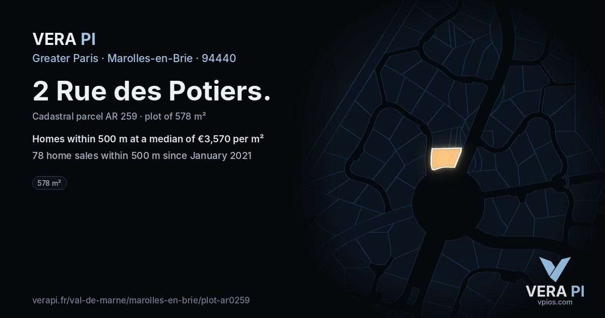 2 Rue des Potiers, Marolles-en-Brie at night – the plot lit, the parcels around coloured by the prices near them