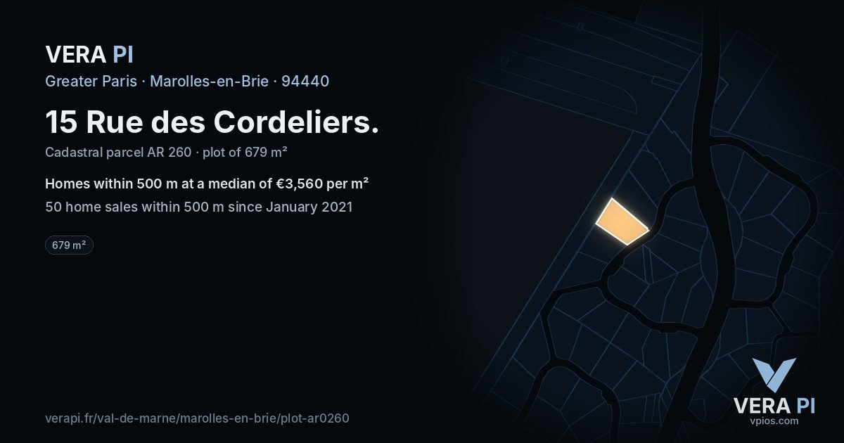 15 Rue des Cordeliers, Marolles-en-Brie at night – the plot lit, the parcels around coloured by the prices near them