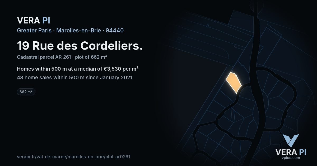 19 Rue des Cordeliers, Marolles-en-Brie at night – the plot lit, the parcels around coloured by the prices near them
