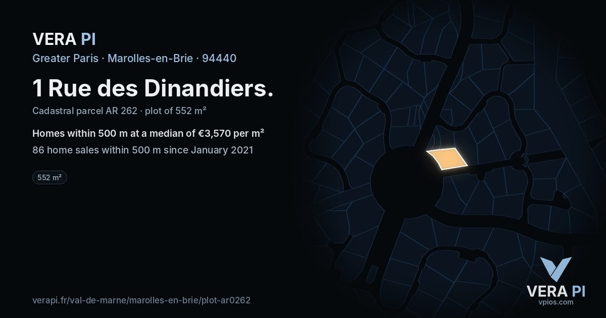 1 Rue des Dinandiers, Marolles-en-Brie at night – the plot lit, the parcels around coloured by the prices near them