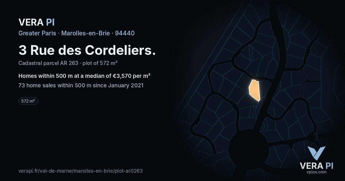 3 Rue des Cordeliers, Marolles-en-Brie at night – the plot lit, the parcels around coloured by the prices near them