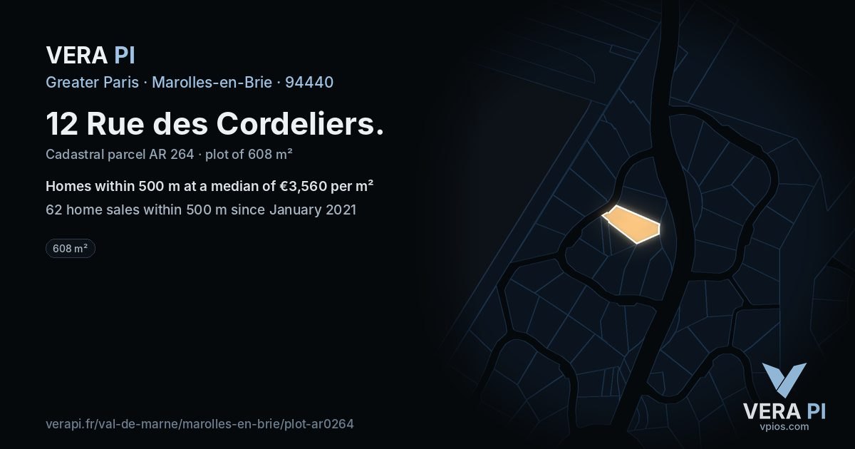12 Rue des Cordeliers, Marolles-en-Brie at night – the plot lit, the parcels around coloured by the prices near them