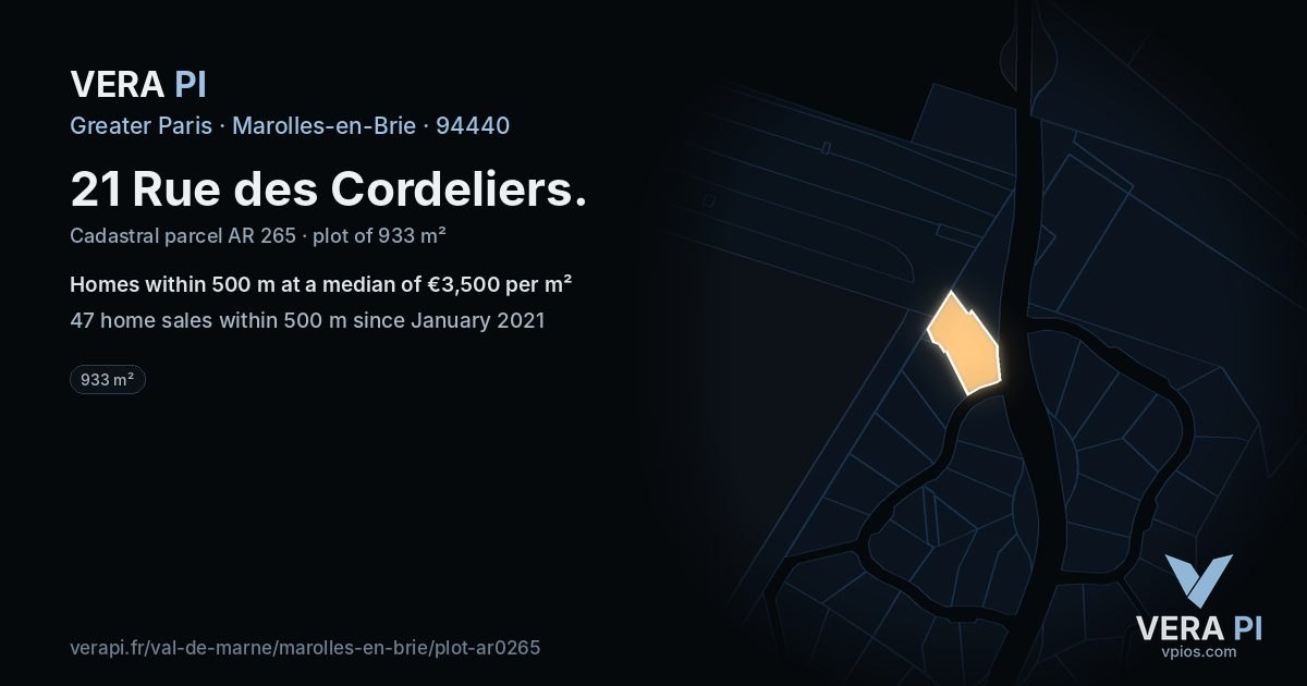 21 Rue des Cordeliers, Marolles-en-Brie at night – the plot lit, the parcels around coloured by the prices near them