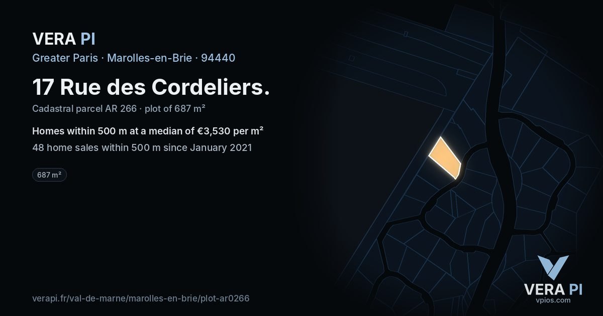 17 Rue des Cordeliers, Marolles-en-Brie at night – the plot lit, the parcels around coloured by the prices near them