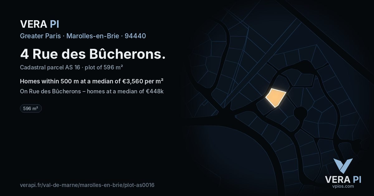4 Rue des Bûcherons, Marolles-en-Brie at night – the plot lit, the parcels around coloured by the prices near them