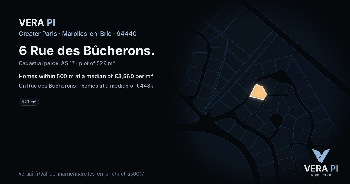 6 Rue des Bûcherons, Marolles-en-Brie at night – the plot lit, the parcels around coloured by the prices near them