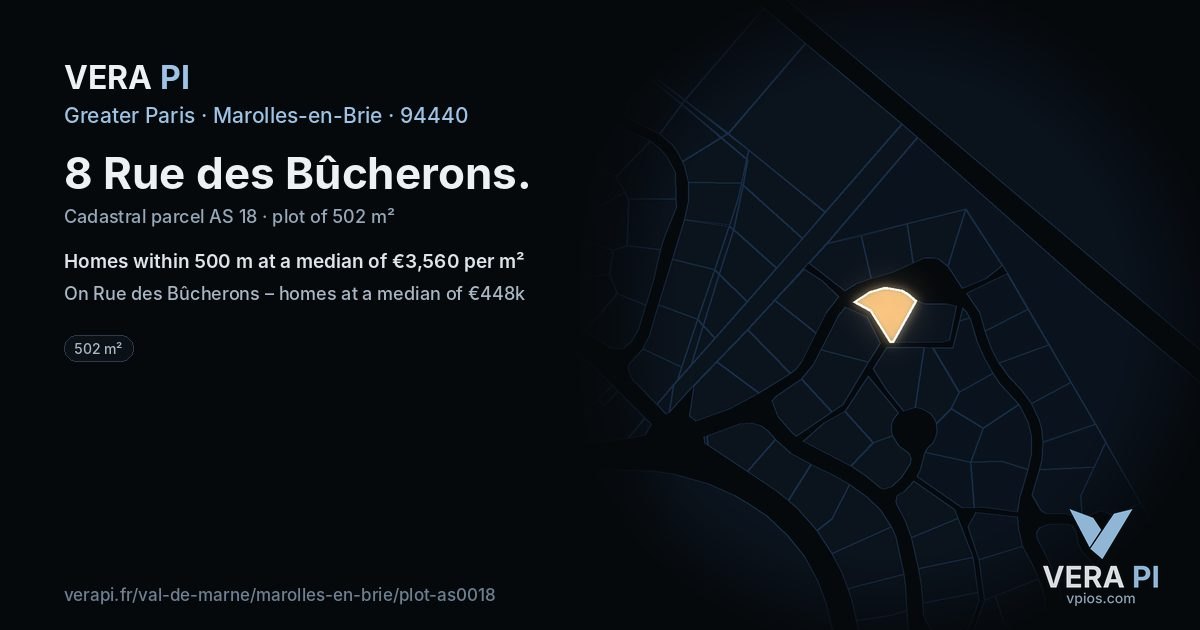 8 Rue des Bûcherons, Marolles-en-Brie at night – the plot lit, the parcels around coloured by the prices near them
