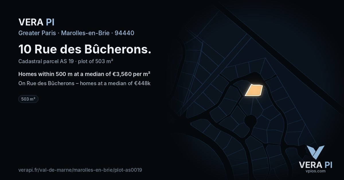 10 Rue des Bûcherons, Marolles-en-Brie at night – the plot lit, the parcels around coloured by the prices near them