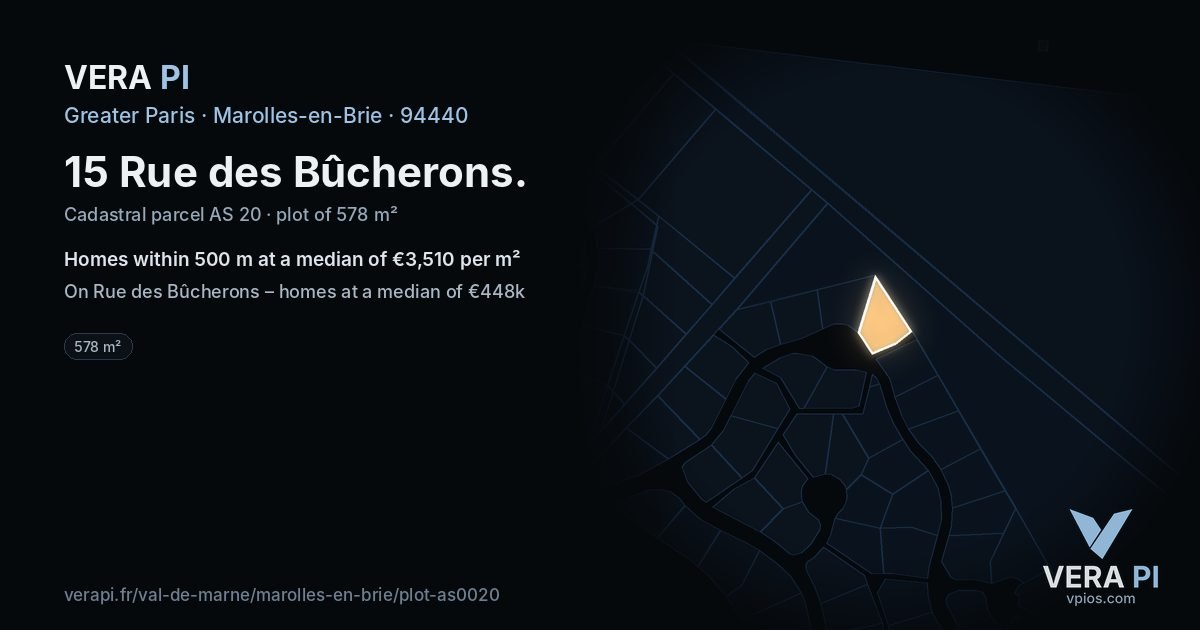 15 Rue des Bûcherons, Marolles-en-Brie at night – the plot lit, the parcels around coloured by the prices near them