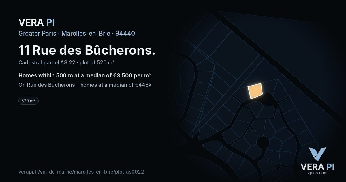 11 Rue des Bûcherons, Marolles-en-Brie at night – the plot lit, the parcels around coloured by the prices near them
