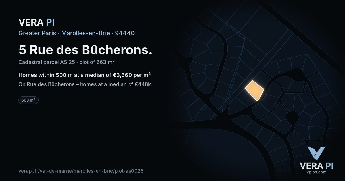 5 Rue des Bûcherons, Marolles-en-Brie at night – the plot lit, the parcels around coloured by the prices near them