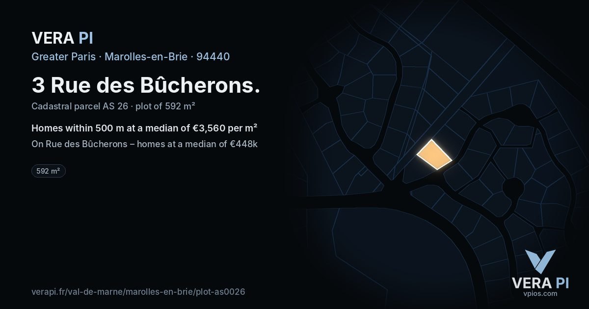 3 Rue des Bûcherons, Marolles-en-Brie at night – the plot lit, the parcels around coloured by the prices near them