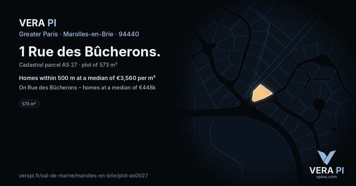 1 Rue des Bûcherons, Marolles-en-Brie at night – the plot lit, the parcels around coloured by the prices near them