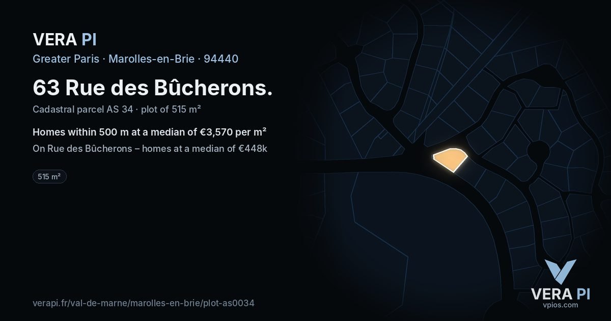 63 Rue des Bûcherons, Marolles-en-Brie at night – the plot lit, the parcels around coloured by the prices near them
