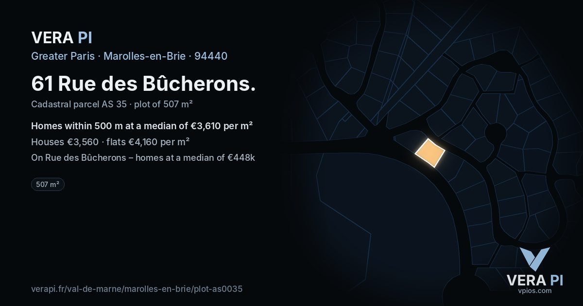 61 Rue des Bûcherons, Marolles-en-Brie at night – the plot lit, the parcels around coloured by the prices near them