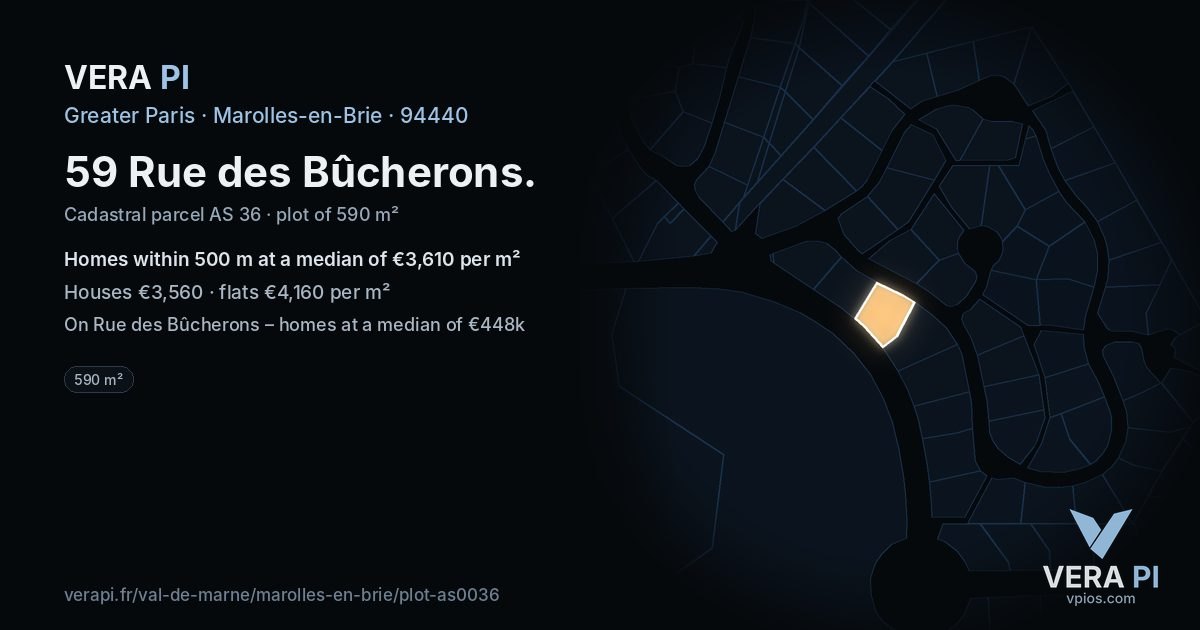 59 Rue des Bûcherons, Marolles-en-Brie at night – the plot lit, the parcels around coloured by the prices near them