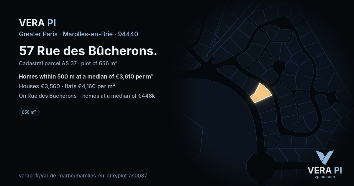 57 Rue des Bûcherons, Marolles-en-Brie at night – the plot lit, the parcels around coloured by the prices near them