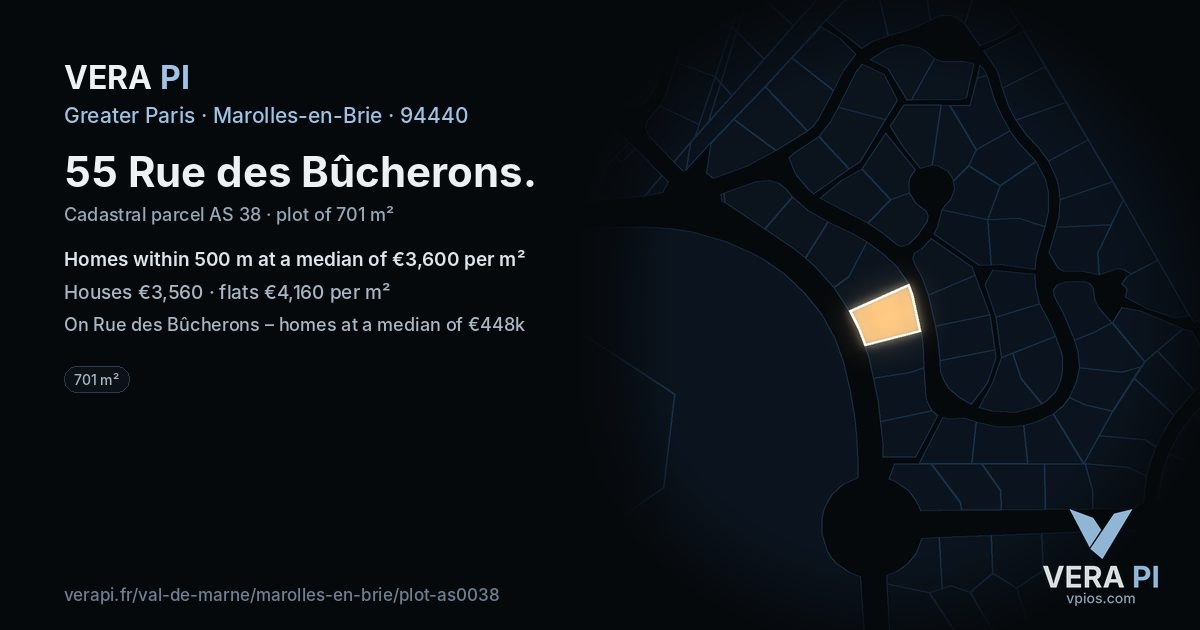 55 Rue des Bûcherons, Marolles-en-Brie at night – the plot lit, the parcels around coloured by the prices near them