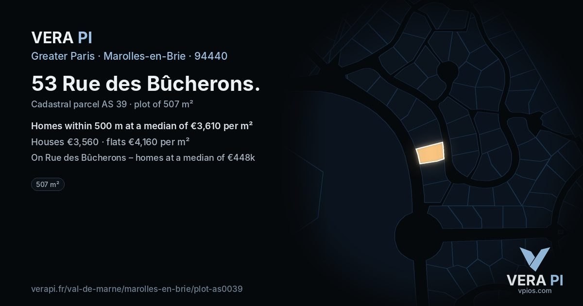 53 Rue des Bûcherons, Marolles-en-Brie at night – the plot lit, the parcels around coloured by the prices near them