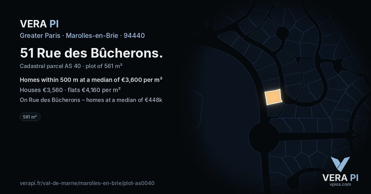 51 Rue des Bûcherons, Marolles-en-Brie at night – the plot lit, the parcels around coloured by the prices near them