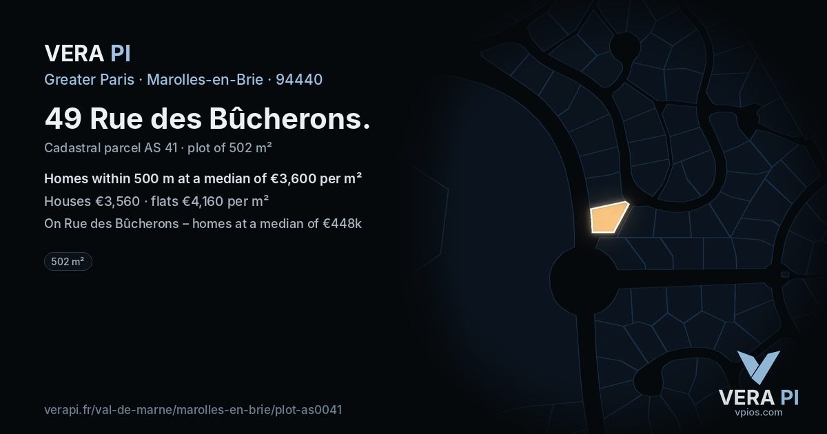 49 Rue des Bûcherons, Marolles-en-Brie at night – the plot lit, the parcels around coloured by the prices near them