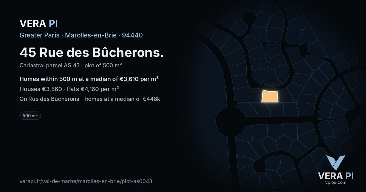 45 Rue des Bûcherons, Marolles-en-Brie at night – the plot lit, the parcels around coloured by the prices near them