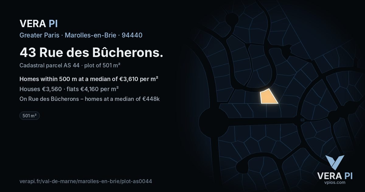 43 Rue des Bûcherons, Marolles-en-Brie at night – the plot lit, the parcels around coloured by the prices near them