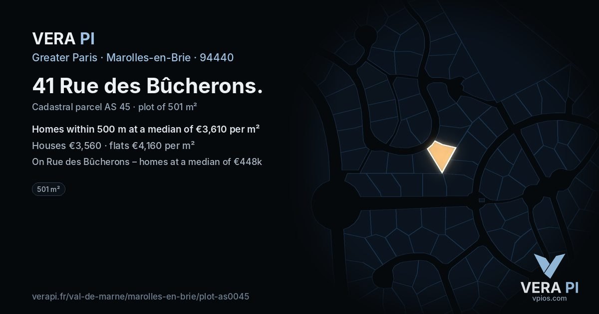 41 Rue des Bûcherons, Marolles-en-Brie at night – the plot lit, the parcels around coloured by the prices near them