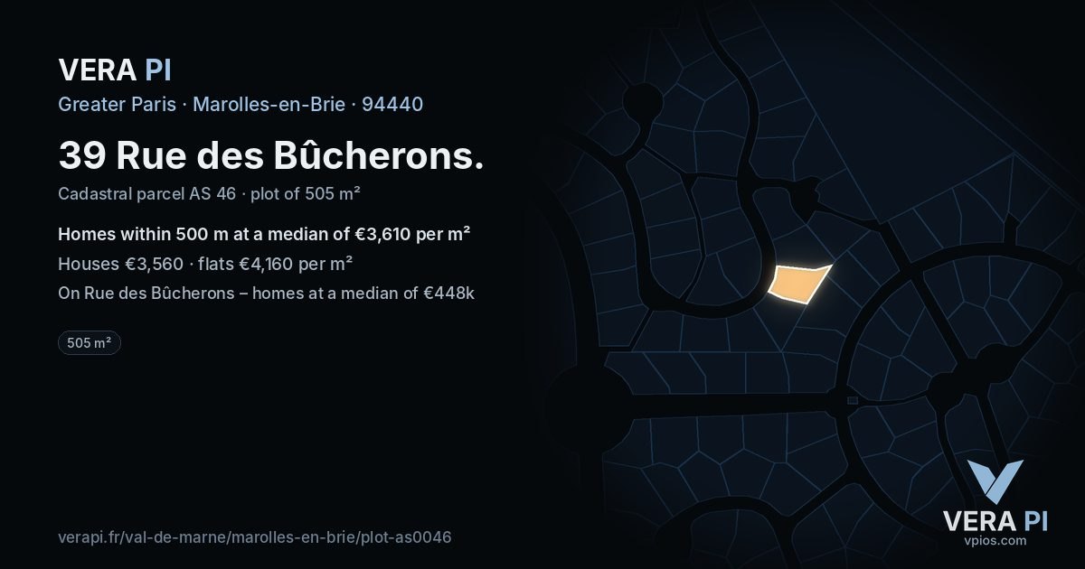39 Rue des Bûcherons, Marolles-en-Brie at night – the plot lit, the parcels around coloured by the prices near them