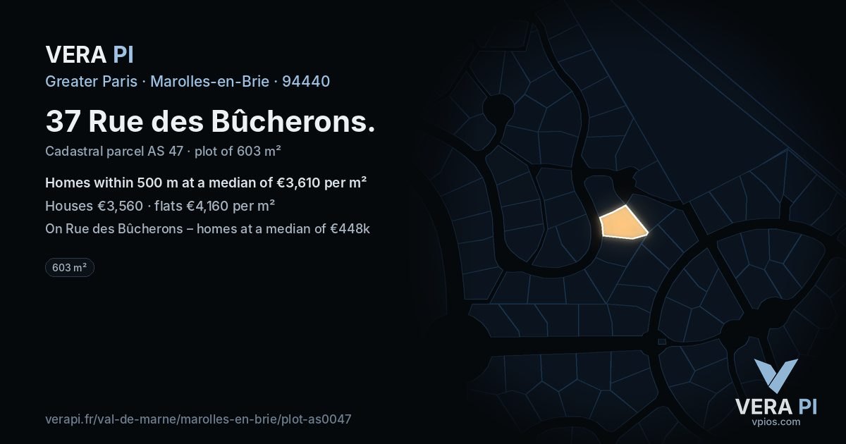 37 Rue des Bûcherons, Marolles-en-Brie at night – the plot lit, the parcels around coloured by the prices near them