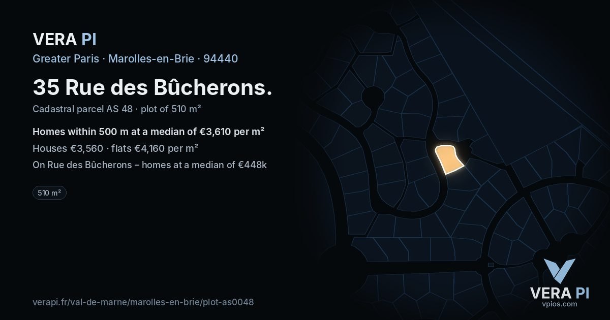 35 Rue des Bûcherons, Marolles-en-Brie at night – the plot lit, the parcels around coloured by the prices near them
