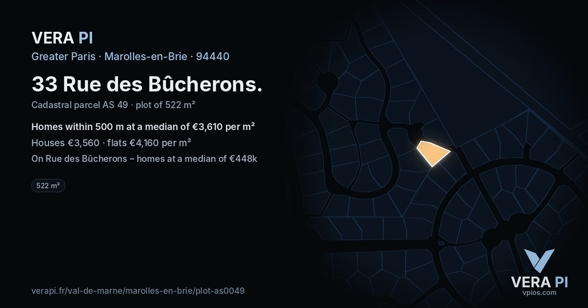 33 Rue des Bûcherons, Marolles-en-Brie at night – the plot lit, the parcels around coloured by the prices near them