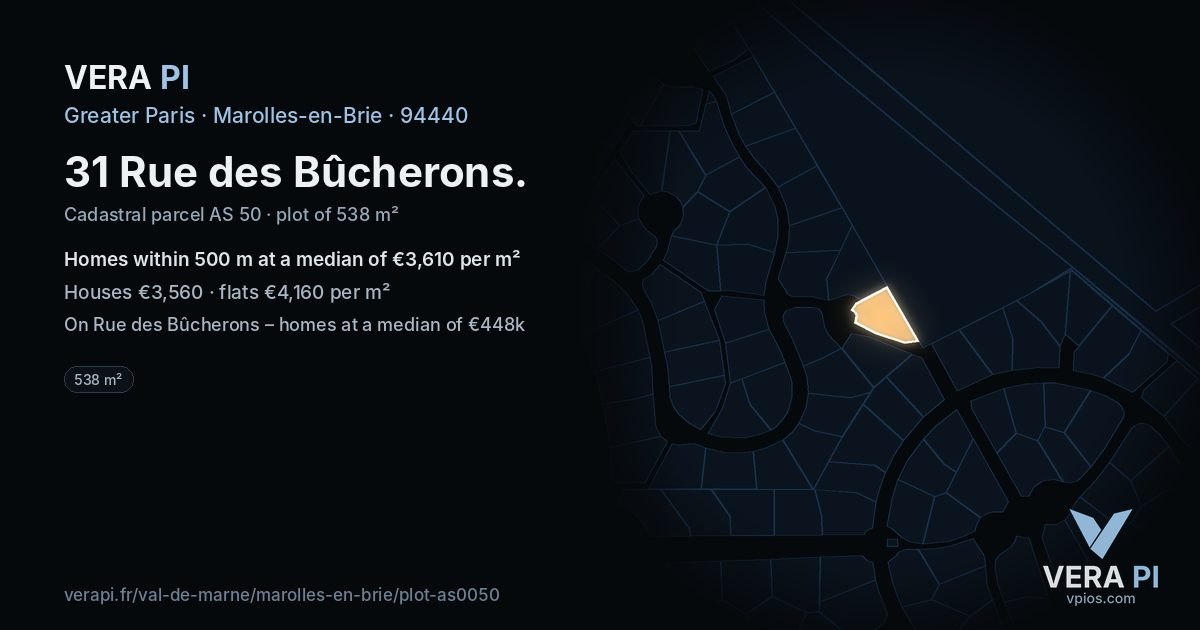 31 Rue des Bûcherons, Marolles-en-Brie at night – the plot lit, the parcels around coloured by the prices near them