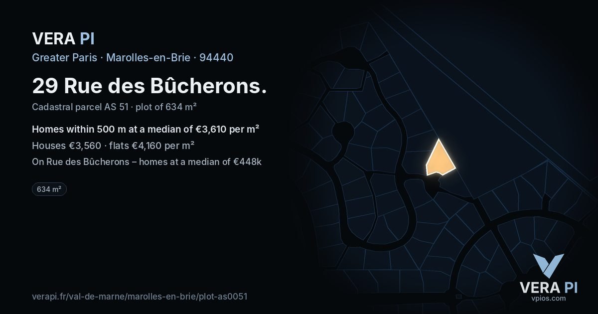 29 Rue des Bûcherons, Marolles-en-Brie at night – the plot lit, the parcels around coloured by the prices near them