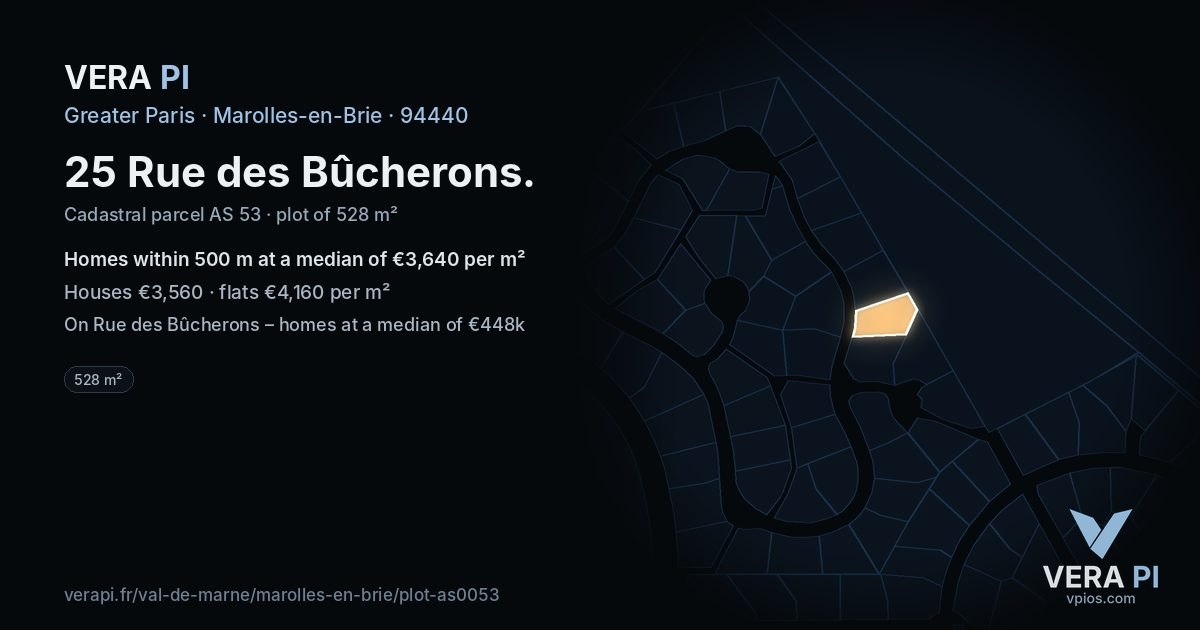 25 Rue des Bûcherons, Marolles-en-Brie at night – the plot lit, the parcels around coloured by the prices near them