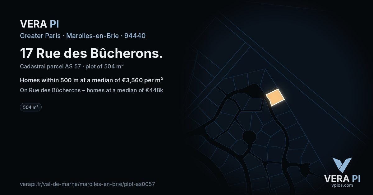 17 Rue des Bûcherons, Marolles-en-Brie at night – the plot lit, the parcels around coloured by the prices near them