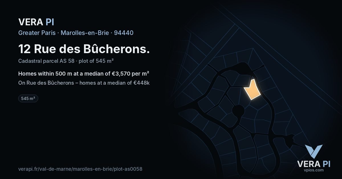 12 Rue des Bûcherons, Marolles-en-Brie at night – the plot lit, the parcels around coloured by the prices near them