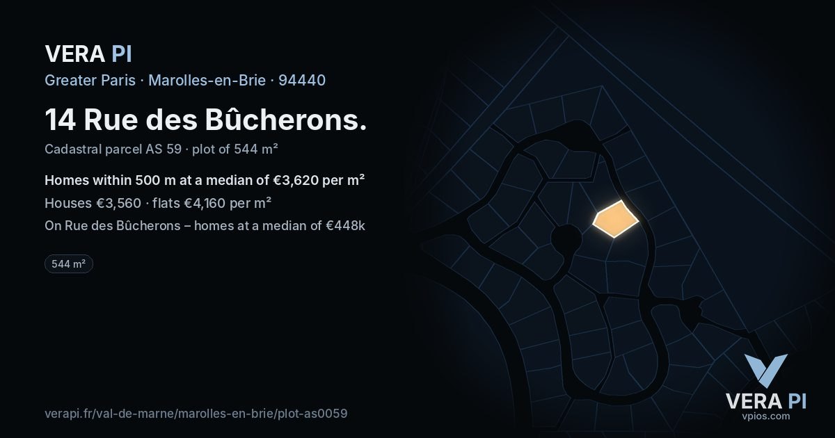 14 Rue des Bûcherons, Marolles-en-Brie at night – the plot lit, the parcels around coloured by the prices near them