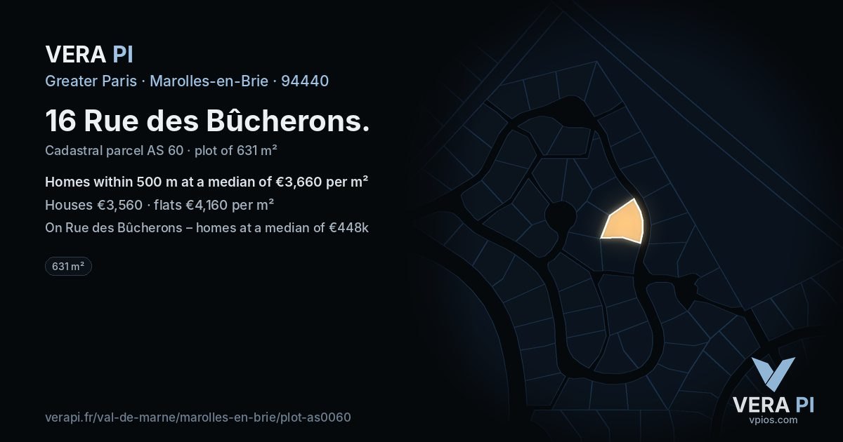 16 Rue des Bûcherons, Marolles-en-Brie at night – the plot lit, the parcels around coloured by the prices near them