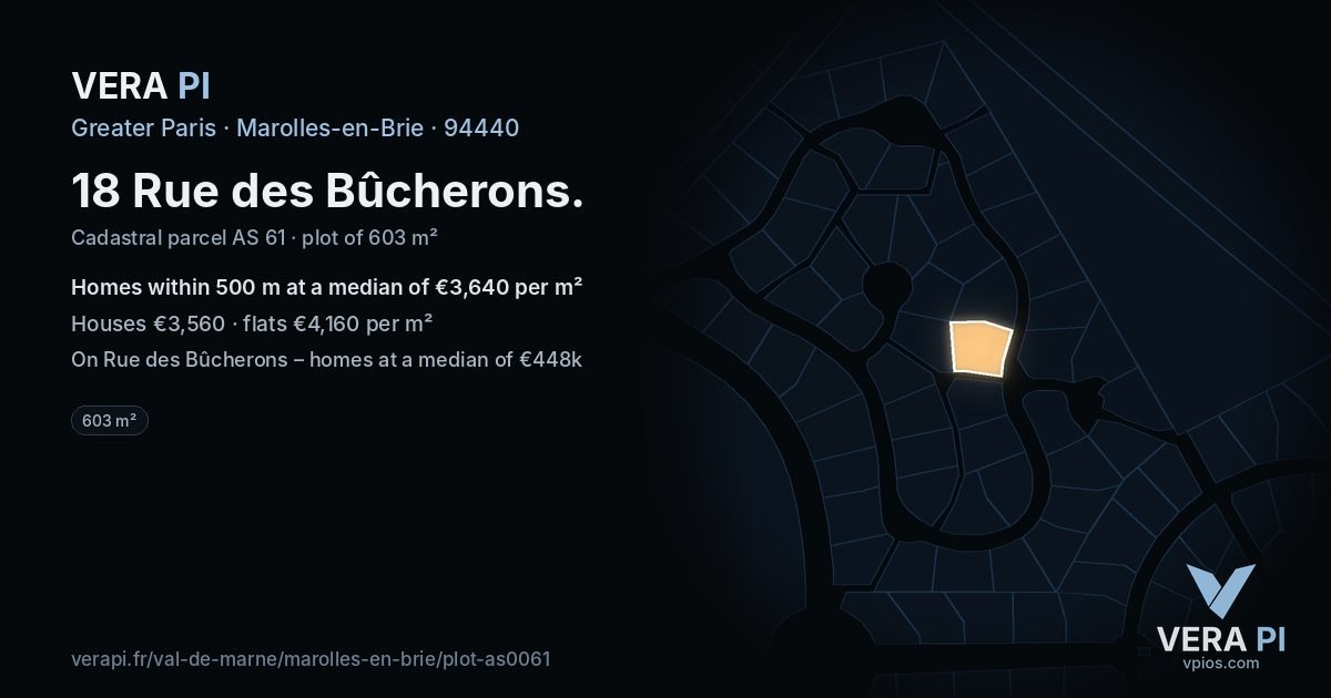 18 Rue des Bûcherons, Marolles-en-Brie at night – the plot lit, the parcels around coloured by the prices near them