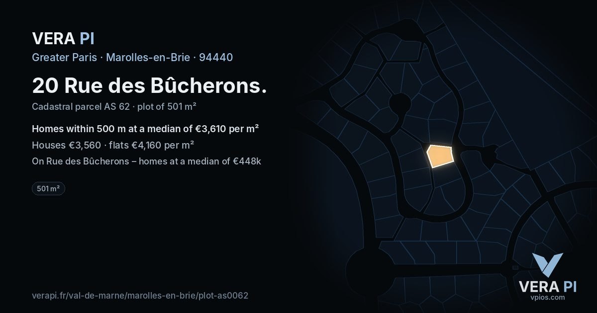 20 Rue des Bûcherons, Marolles-en-Brie at night – the plot lit, the parcels around coloured by the prices near them