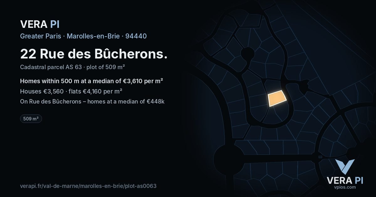 22 Rue des Bûcherons, Marolles-en-Brie at night – the plot lit, the parcels around coloured by the prices near them