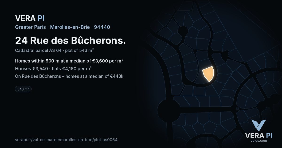 24 Rue des Bûcherons, Marolles-en-Brie at night – the plot lit, the parcels around coloured by the prices near them