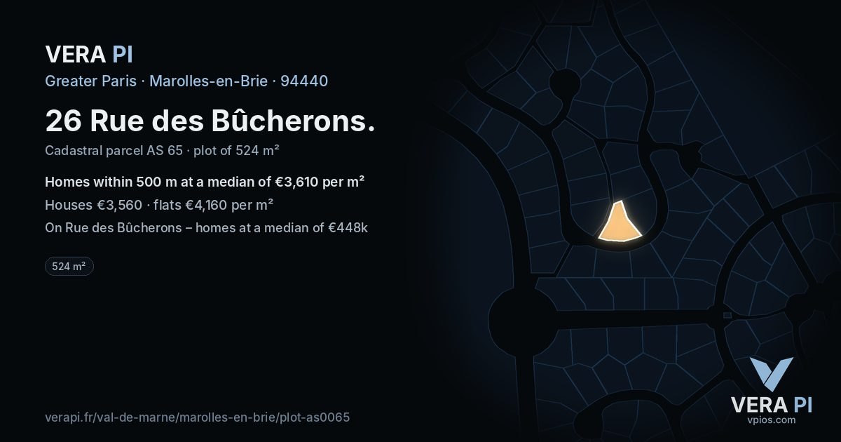 26 Rue des Bûcherons, Marolles-en-Brie at night – the plot lit, the parcels around coloured by the prices near them