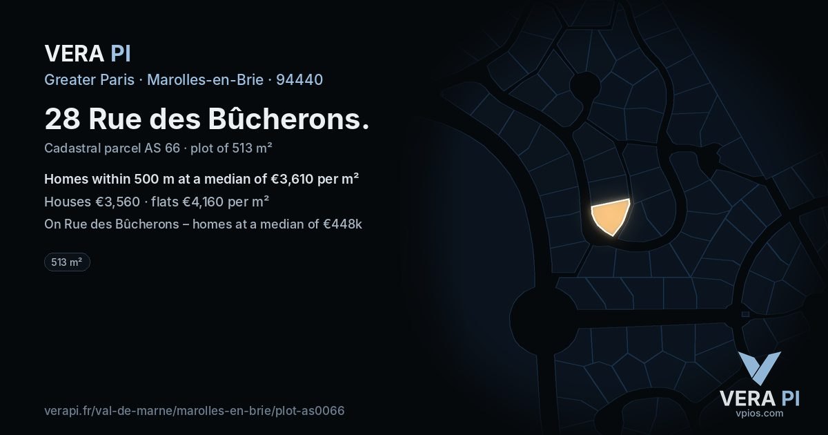 28 Rue des Bûcherons, Marolles-en-Brie at night – the plot lit, the parcels around coloured by the prices near them