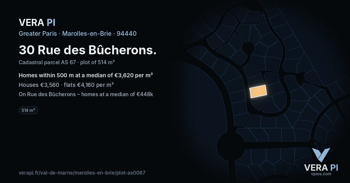 30 Rue des Bûcherons, Marolles-en-Brie at night – the plot lit, the parcels around coloured by the prices near them