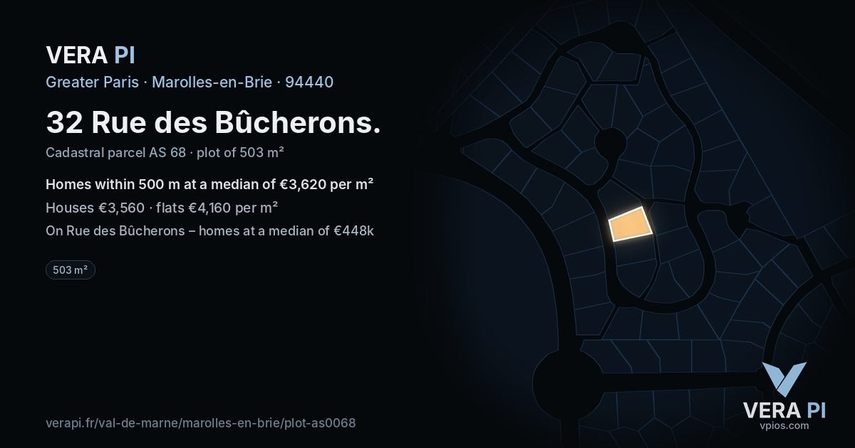 32 Rue des Bûcherons, Marolles-en-Brie at night – the plot lit, the parcels around coloured by the prices near them