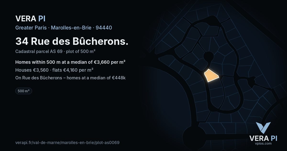 34 Rue des Bûcherons, Marolles-en-Brie at night – the plot lit, the parcels around coloured by the prices near them